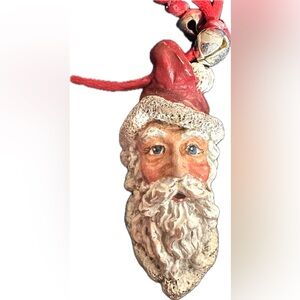 Vintage Santa Claus 3D Holiday Christmas Ornament Pendant Cord Bells 3" OOAK